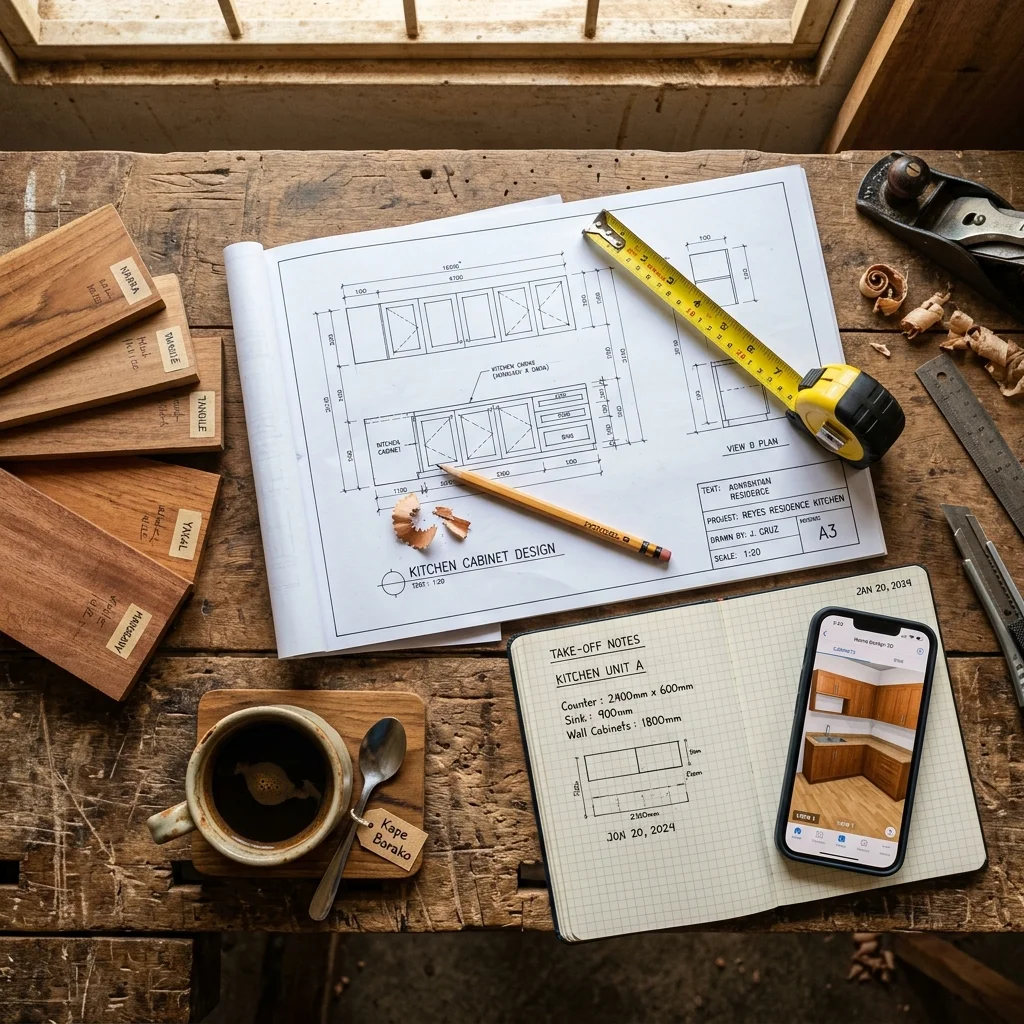 Cabinet maker's workbench with blueprints, wood samples, and design tools