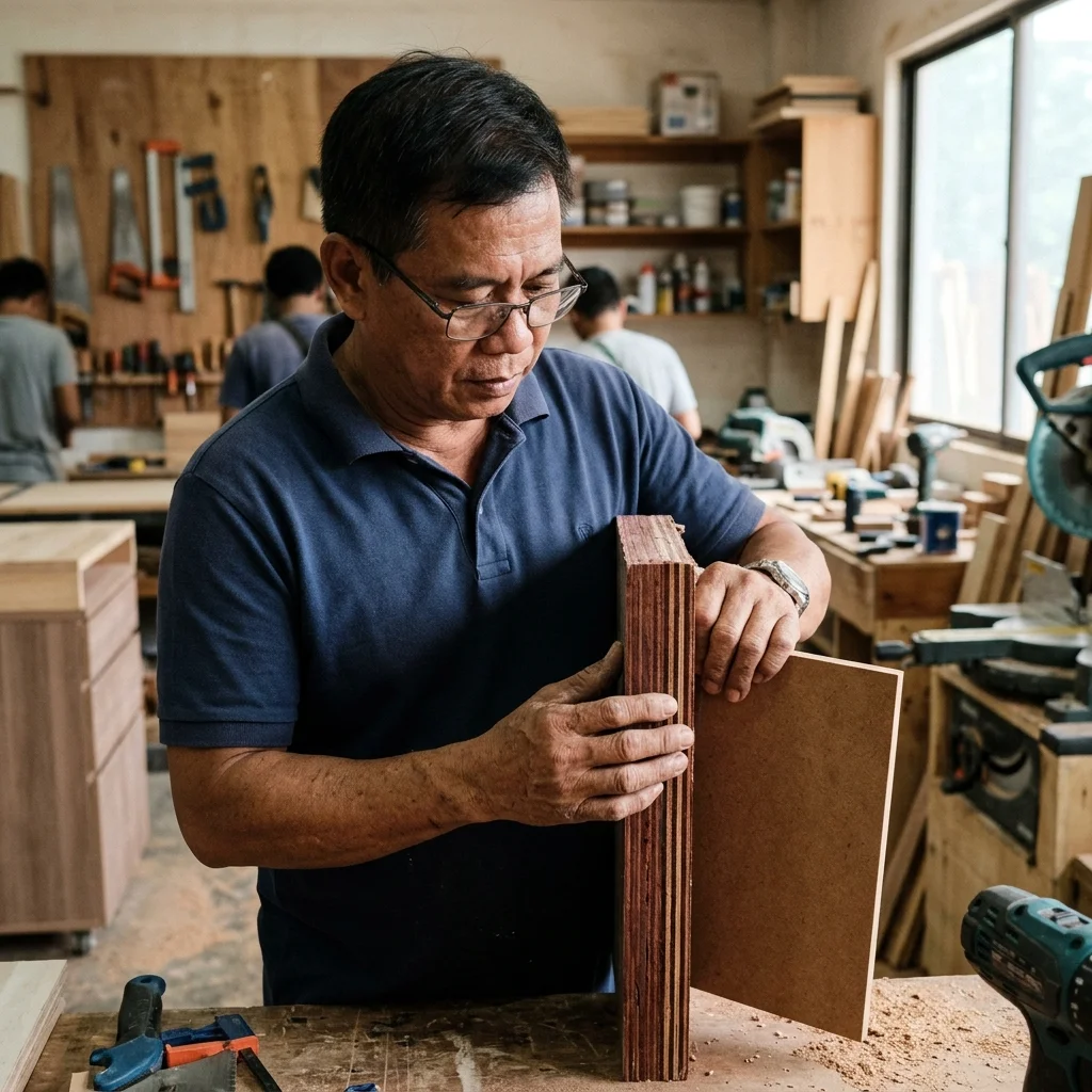 Filipino homeowner inspecting marine plywood quality