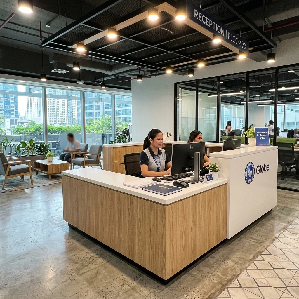 Custom L-shaped reception counter with wood grain laminate front panel installed in a Philippine corporate office lobby
