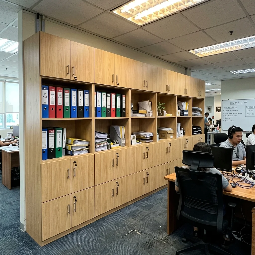 Built-in office storage and filing cabinets with light oak laminate finish in a Philippine corporate office