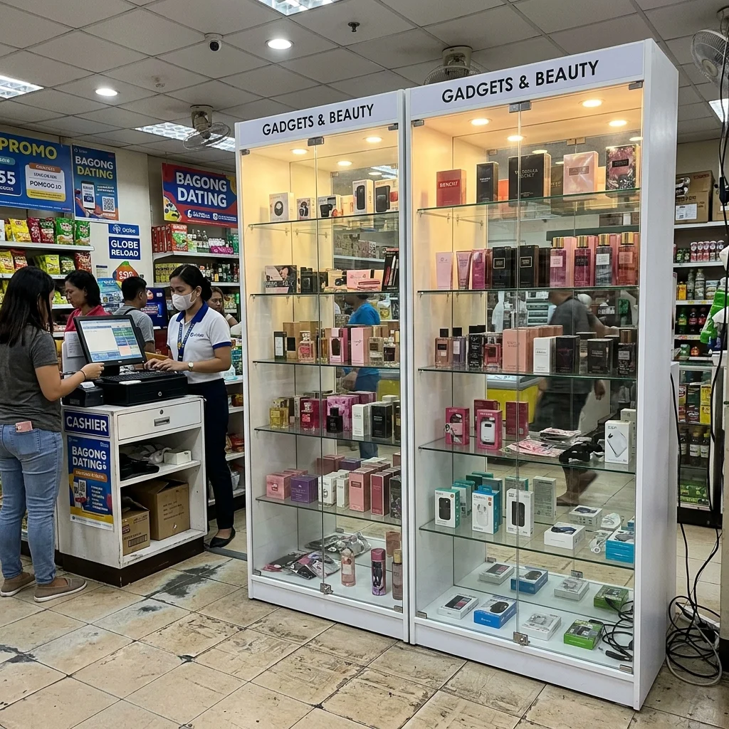 Glass-front retail display cabinets with LED spotlighting installed in a Philippine retail shop