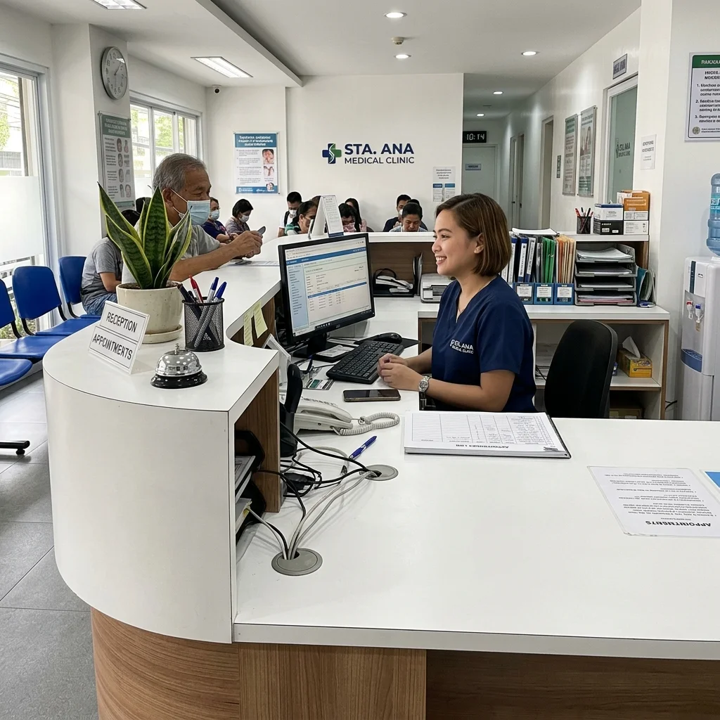 Modern reception counter with curved matte white front panel installed in a Philippine medical clinic