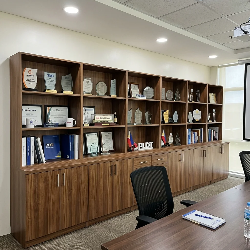 Built-in boardroom storage cabinets with walnut laminate and display shelves in a Philippine corporate meeting room