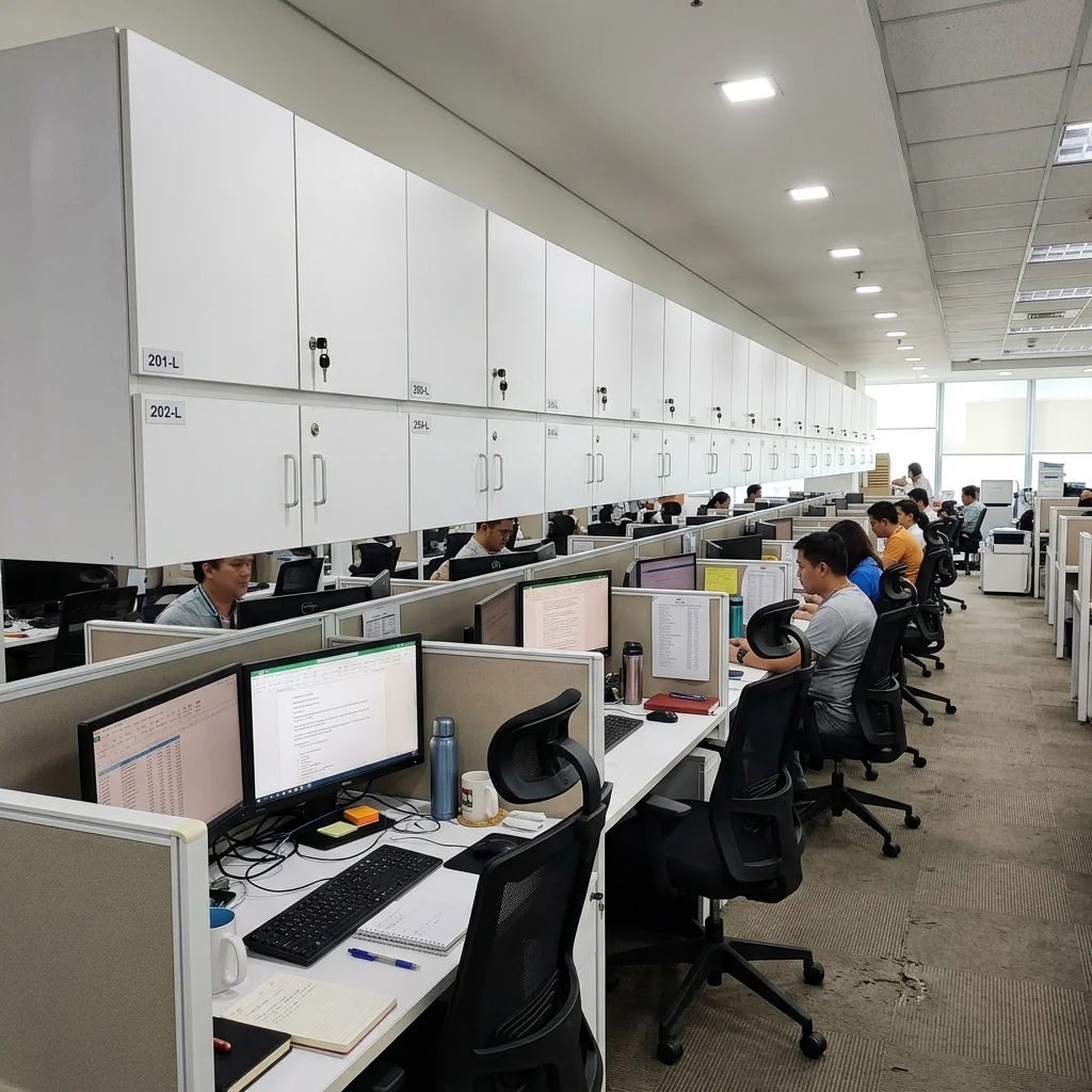 Overhead workstation storage cabinets in white laminate installed in a Philippine open-plan corporate office