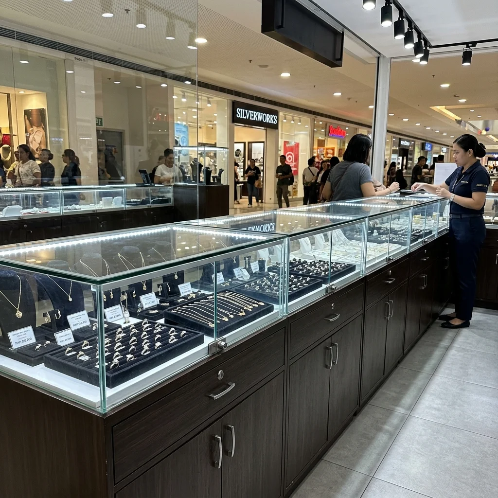 Custom retail jewelry display cabinets with glass top and LED interior lighting in a Philippine mall shop