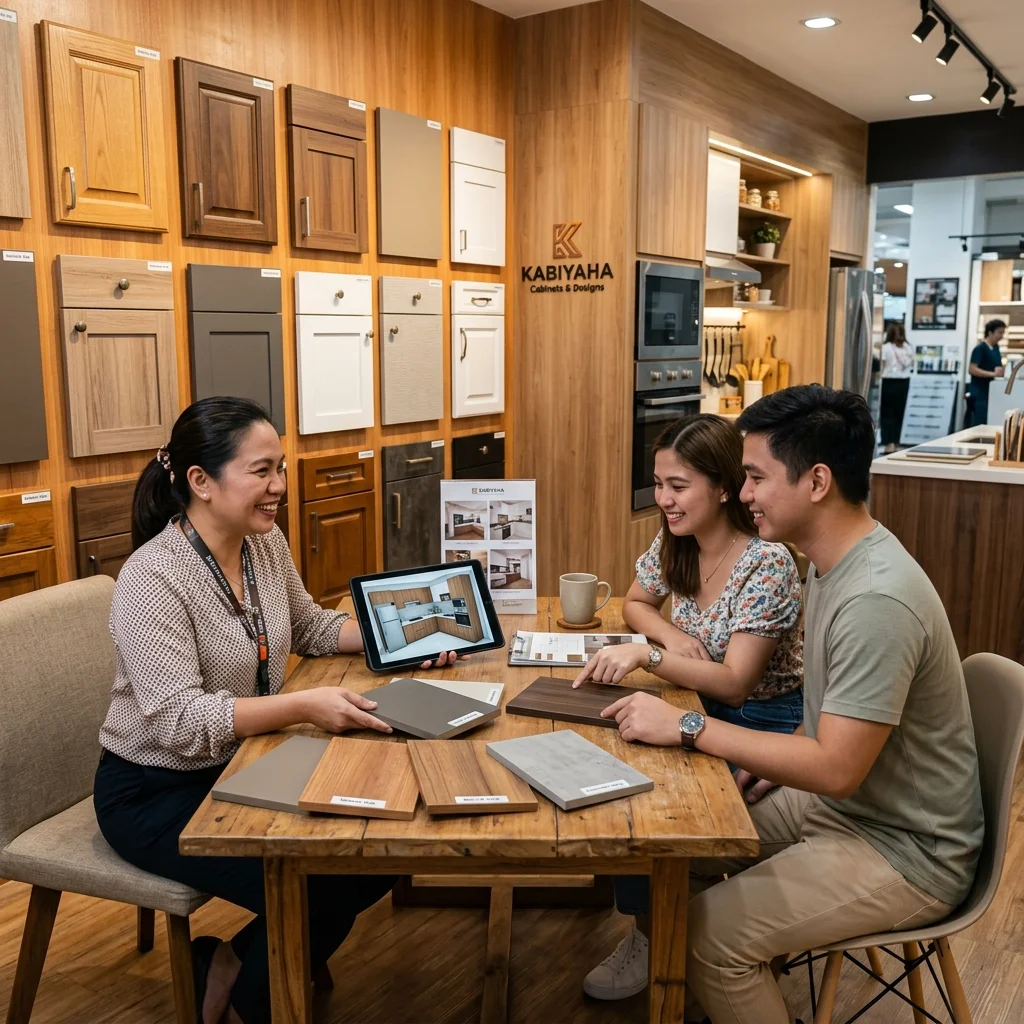 CabinetMakerPH designer showing cabinet samples during a consultation with Filipino homeowners