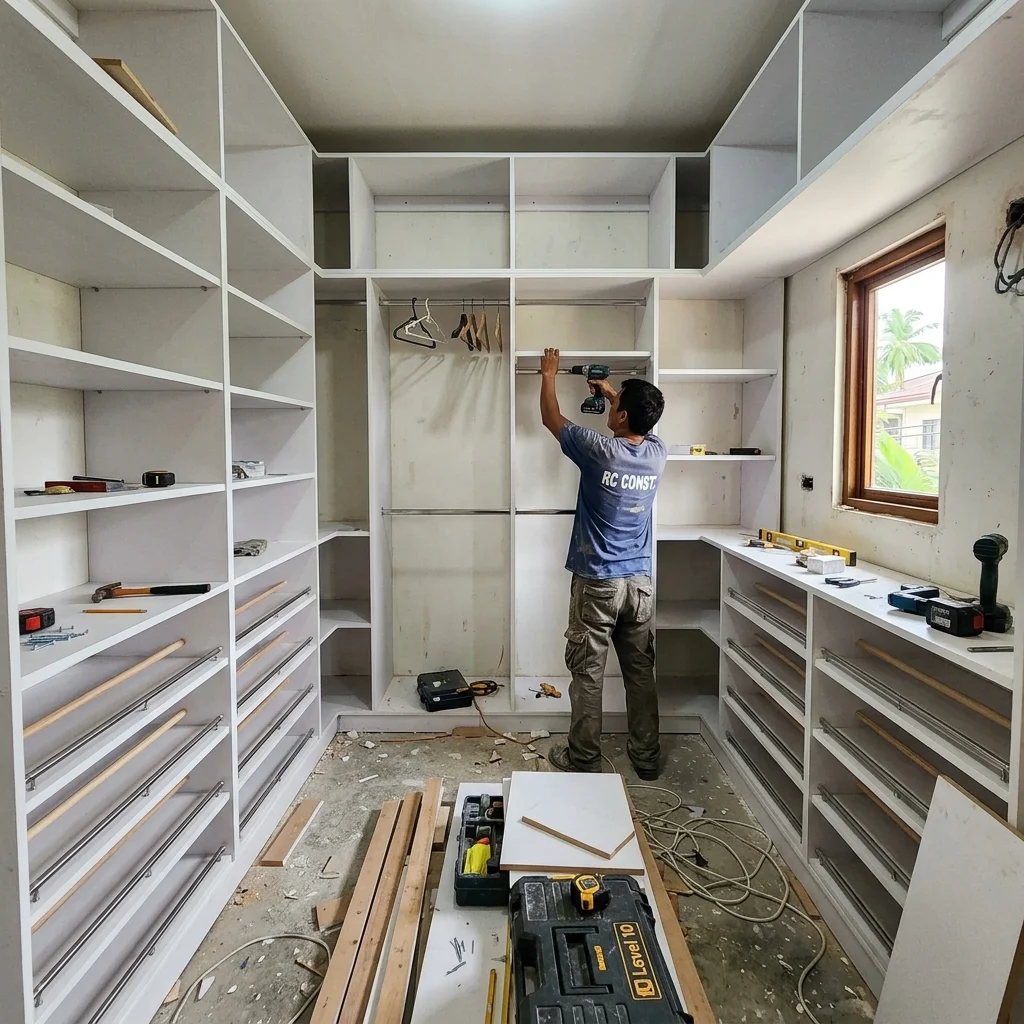 Walk-in closet space with three walls of freshly installed open white shelving and hanging rails Philippines