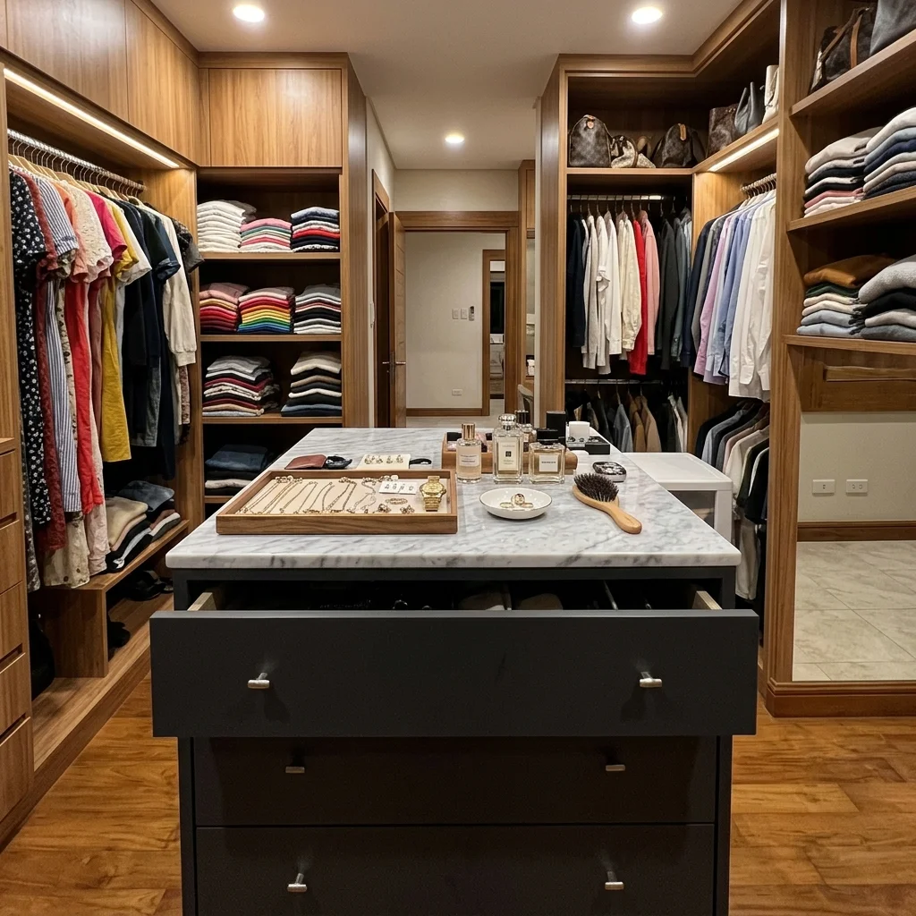 Walk-in closet with dark charcoal island dresser unit and light stone top with organized accessories Philippines