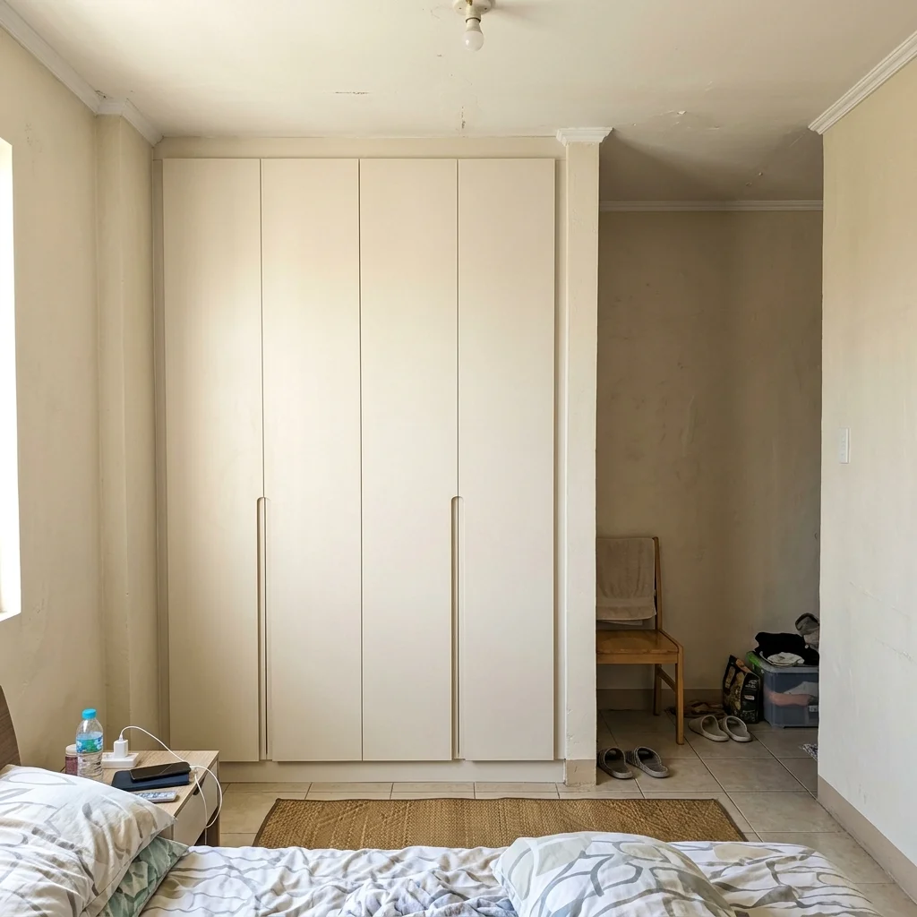 Custom built-in wardrobe fitted perfectly into an alcove recess in a Philippine bedroom with ivory laminate doors