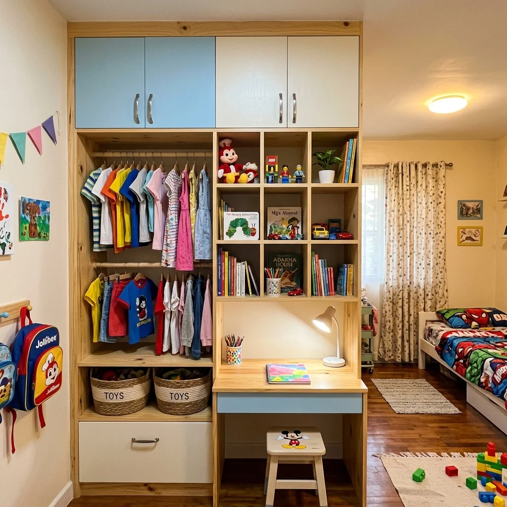 Custom built-in wardrobe for a children's bedroom with short hanging space, pigeonhole shelves, and integrated desk Philippines