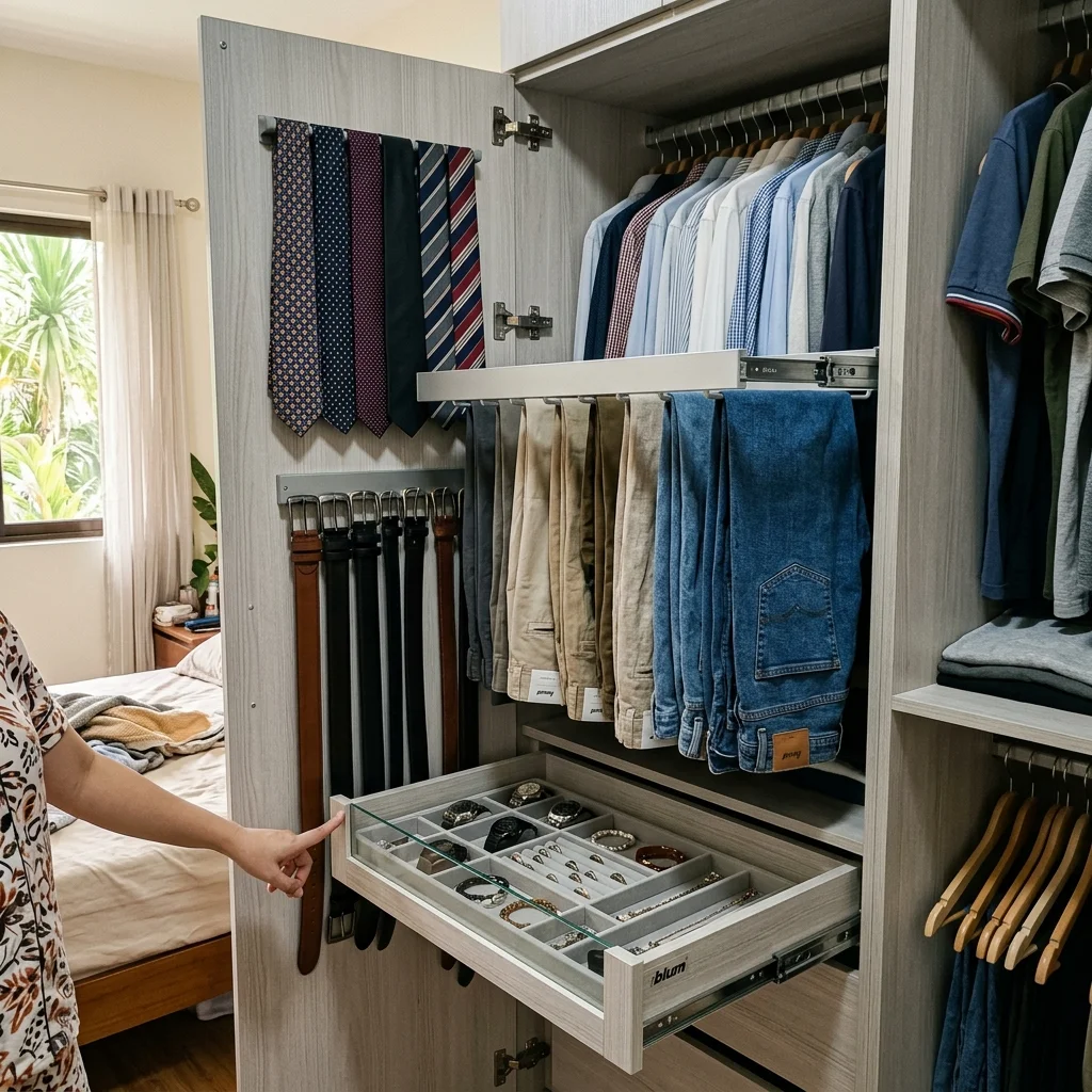 Open wardrobe showing interior accessories including tie rack, trouser rail, and Blum hardware organization Philippines