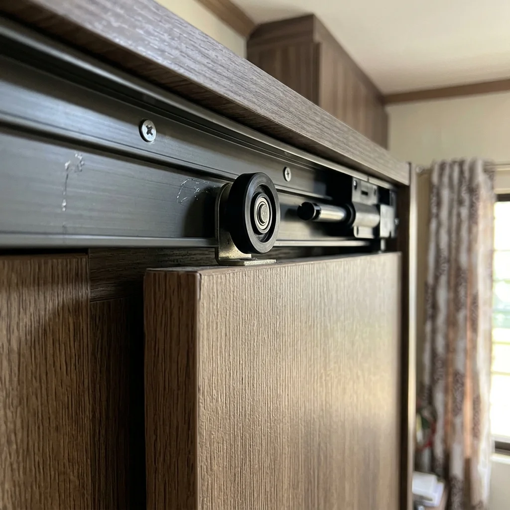 Close-up detail of sliding door wardrobe top-hung roller mechanism with soft-close damper in a Philippine bedroom
