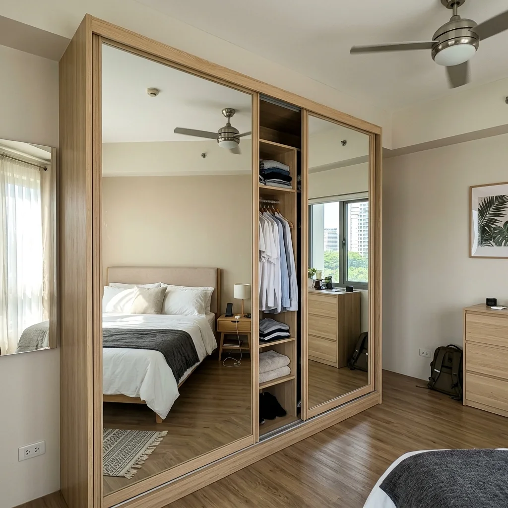 Bedroom wardrobe with full-length mirror sliding doors reflecting bedroom and creating sense of space in Philippine condo