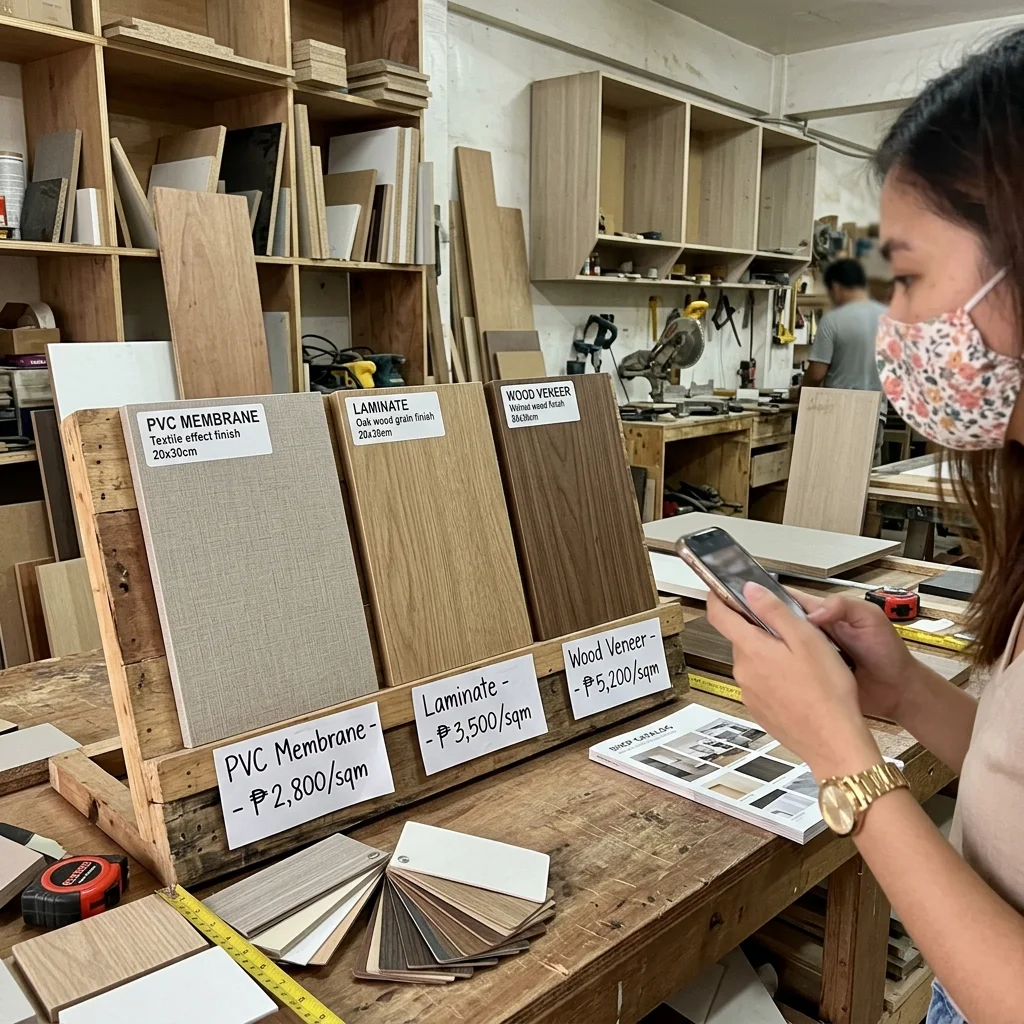 Wardrobe door material samples including PVC, laminate, and wood veneer displayed for selection in Philippine cabinet shop