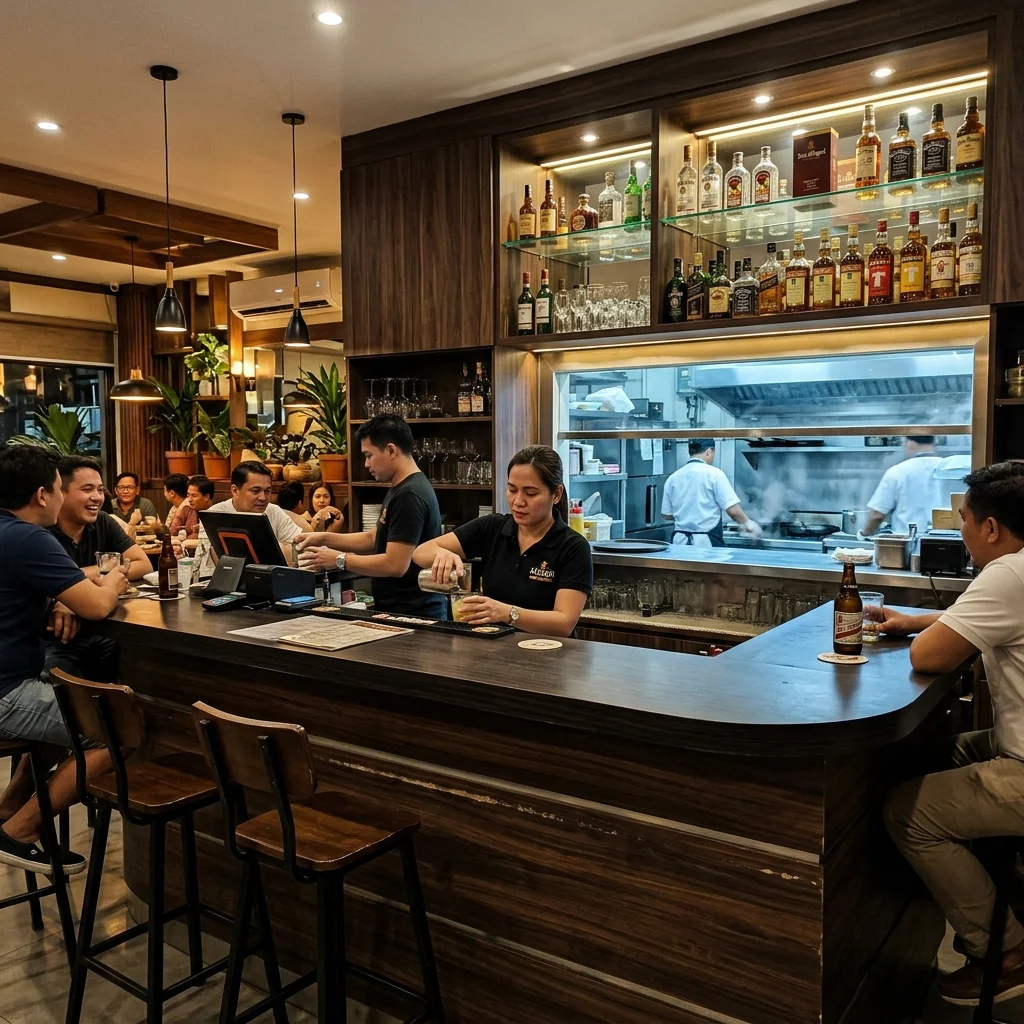 Custom restaurant bar counter with dark wood laminate front and glass bottle shelving in a Philippine restaurant