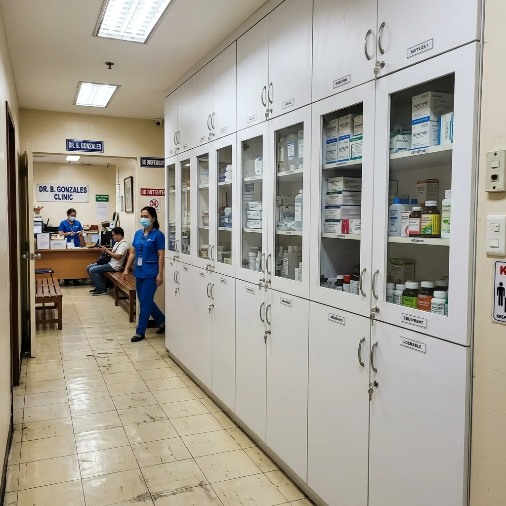 White laminate medical storage cabinets with lockable doors installed in a Philippine medical clinic