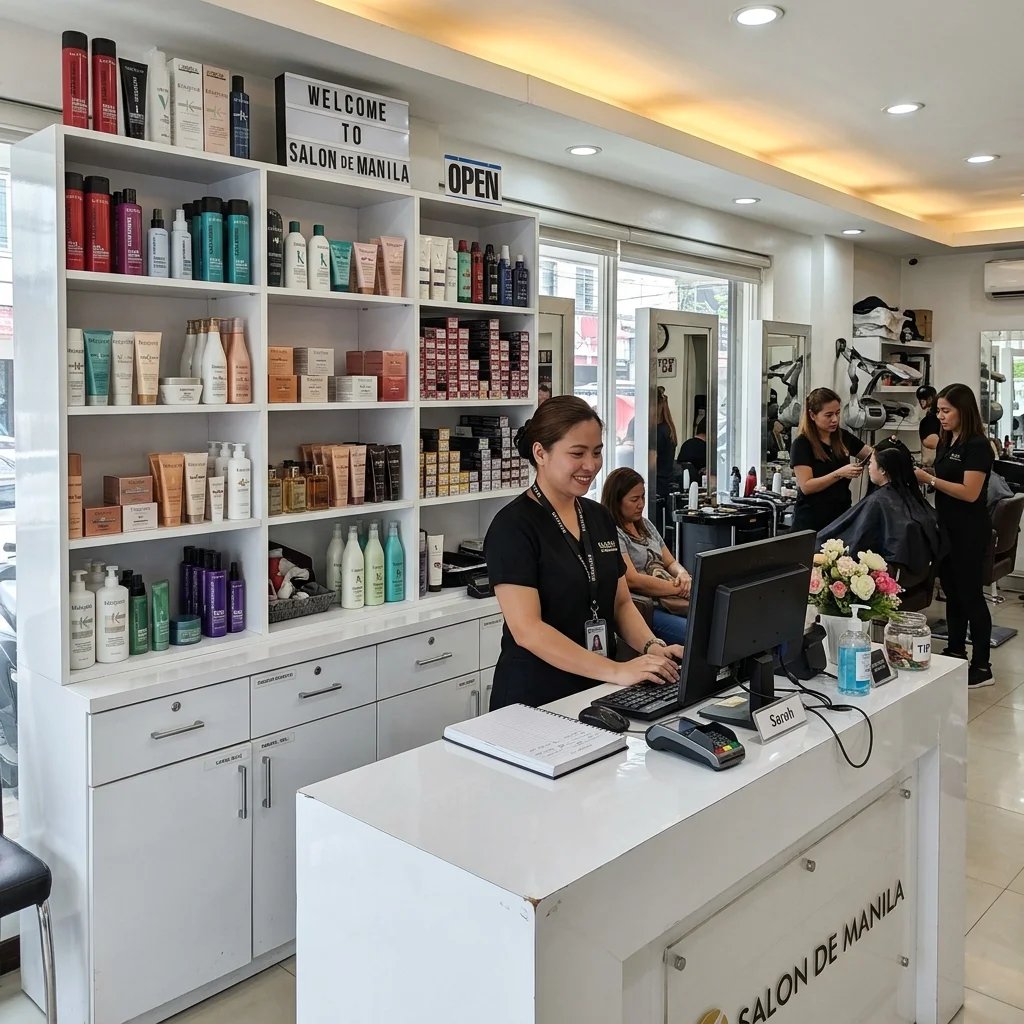 Sleek salon reception counter in high-gloss white with product display shelving in a Philippine beauty salon