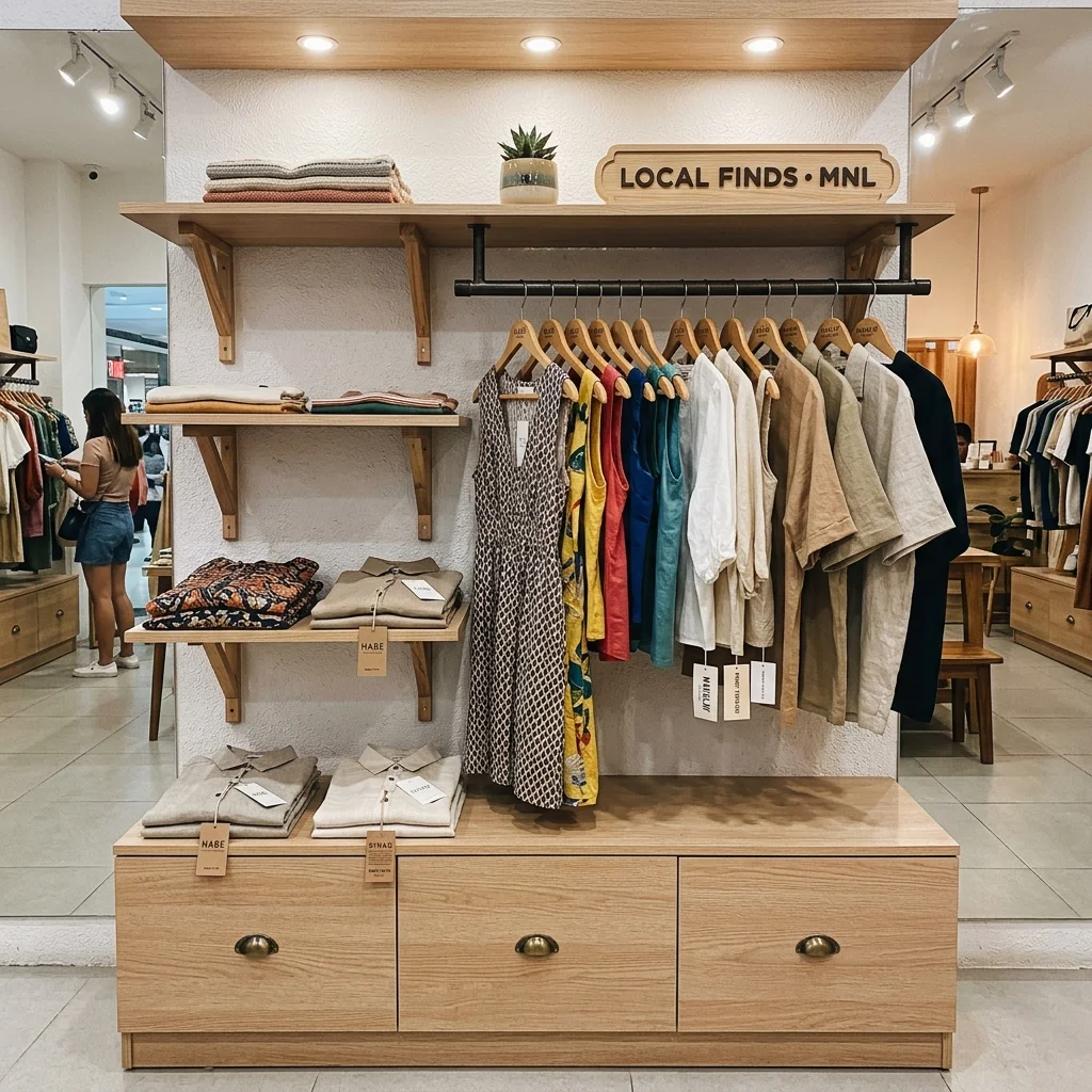 Custom retail wall display system with wooden shelving and hanging rods in a Philippine clothing boutique