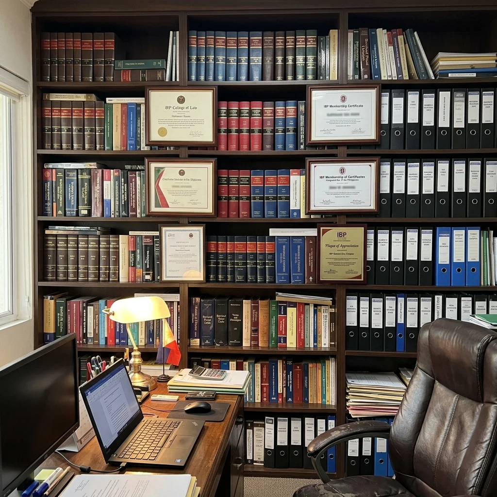 Floor-to-ceiling dark walnut built-in bookshelves in a Philippine law or accounting firm office