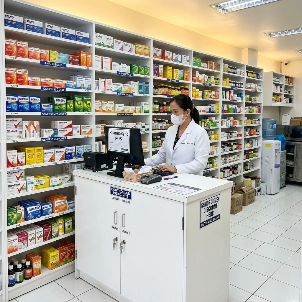 White laminate pharmacy shelving with organized medications and lockable storage in a Philippine pharmacy