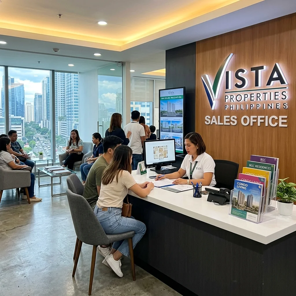 Modern real estate office reception counter with dark charcoal base and white solid surface top in Philippines