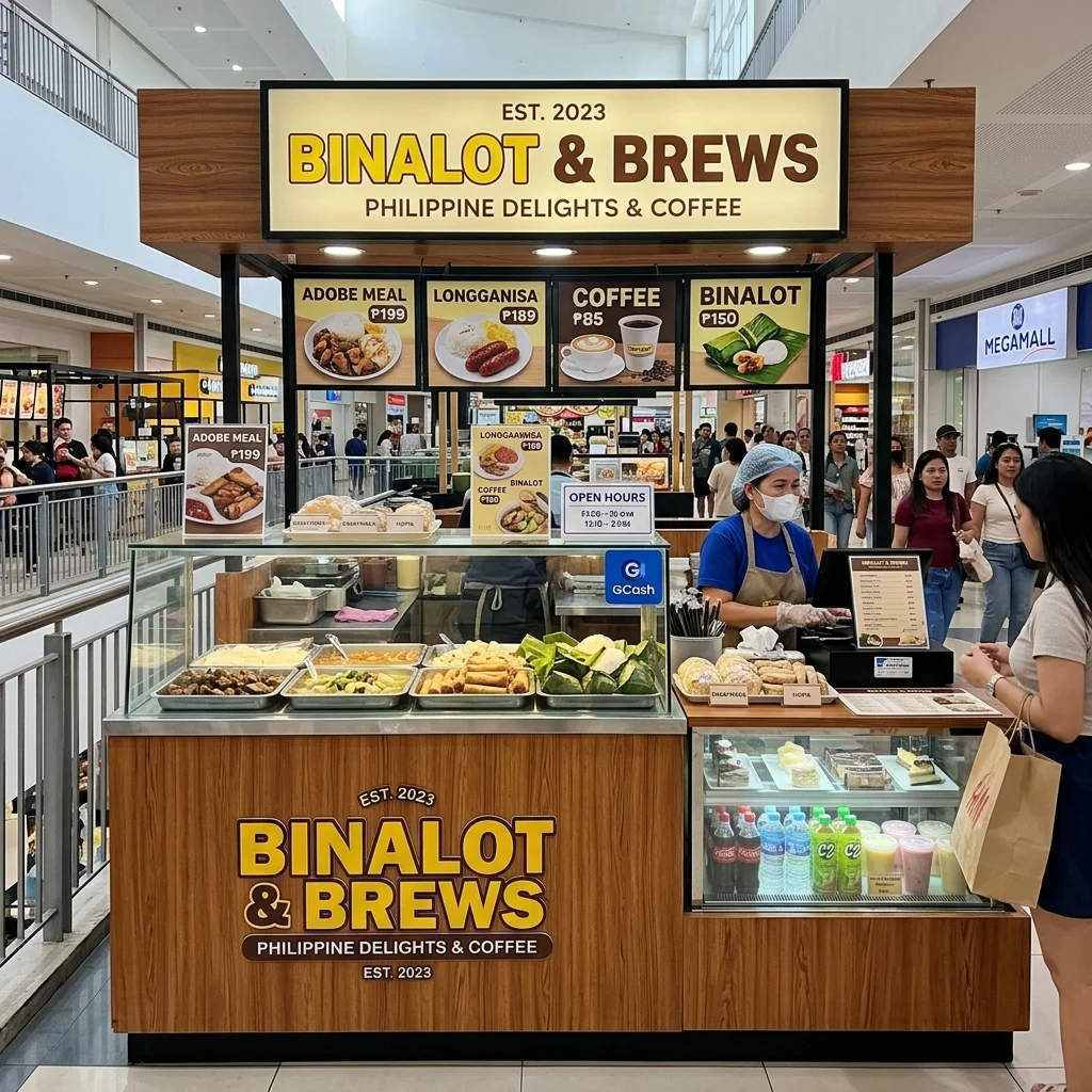 Custom food and beverage kiosk counter with wood grain laminate and glass display case in a Philippine mall