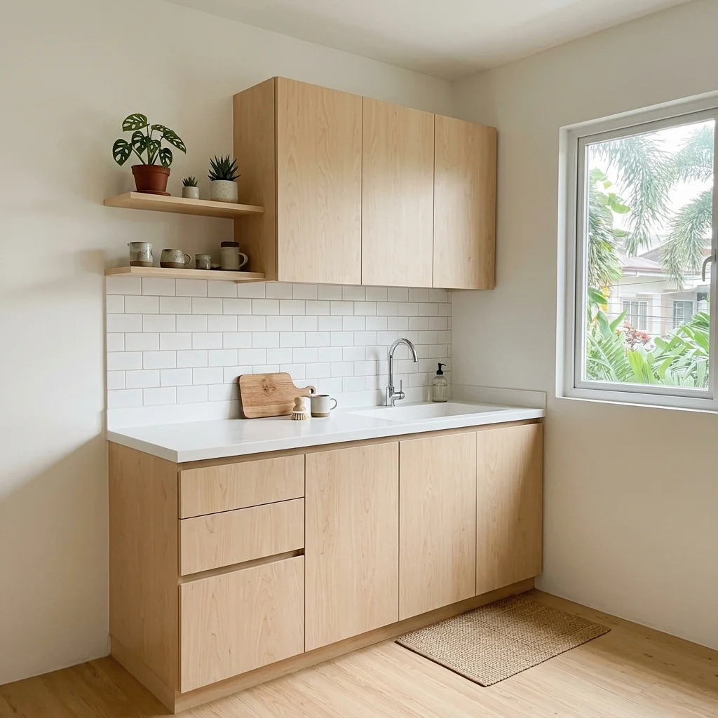 Scandinavian-style kitchen cabinets with light birch wood veneer push-to-open doors in a minimalist Philippine home