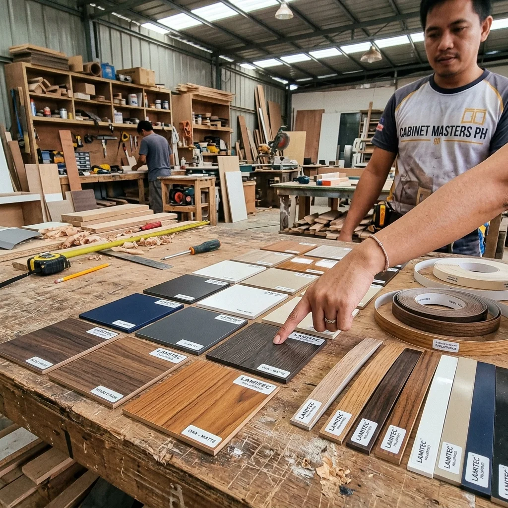 Kitchen cabinet laminate material samples and swatches laid out for selection in a Philippine cabinet workshop