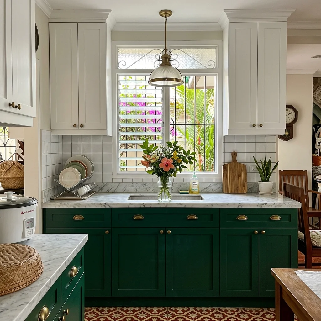Bold dark green matte kitchen cabinets with brass cup-pull handles and white marble countertop in a Philippine home
