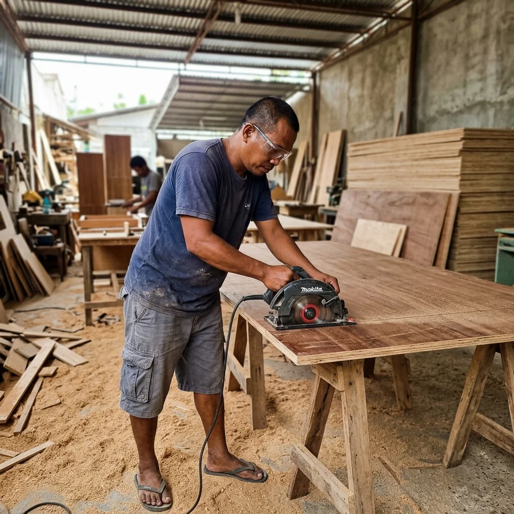 Marine plywood sheet being cut in a Philippine cabinet workshop for custom kitchen cabinet fabrication