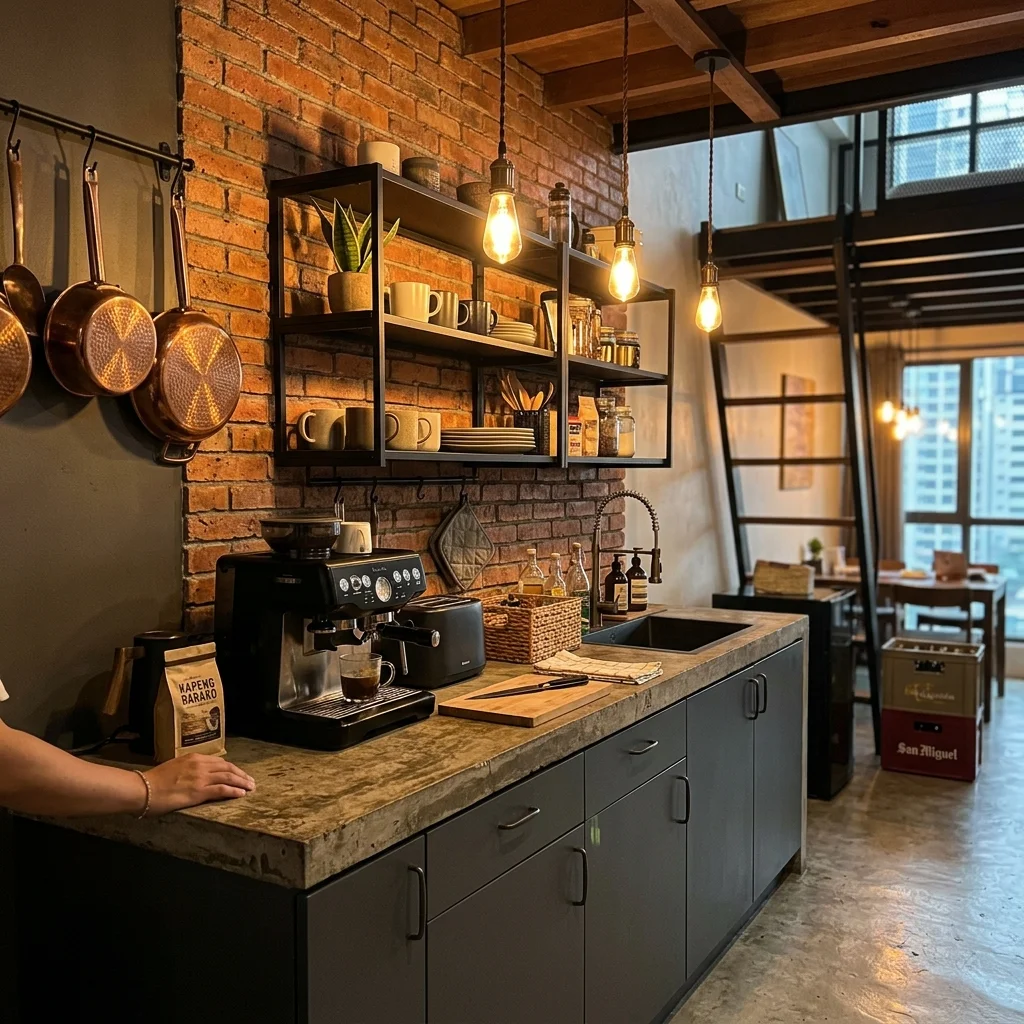 Industrial-style kitchen with dark gray matte cabinets and concrete countertop in a Philippine loft home