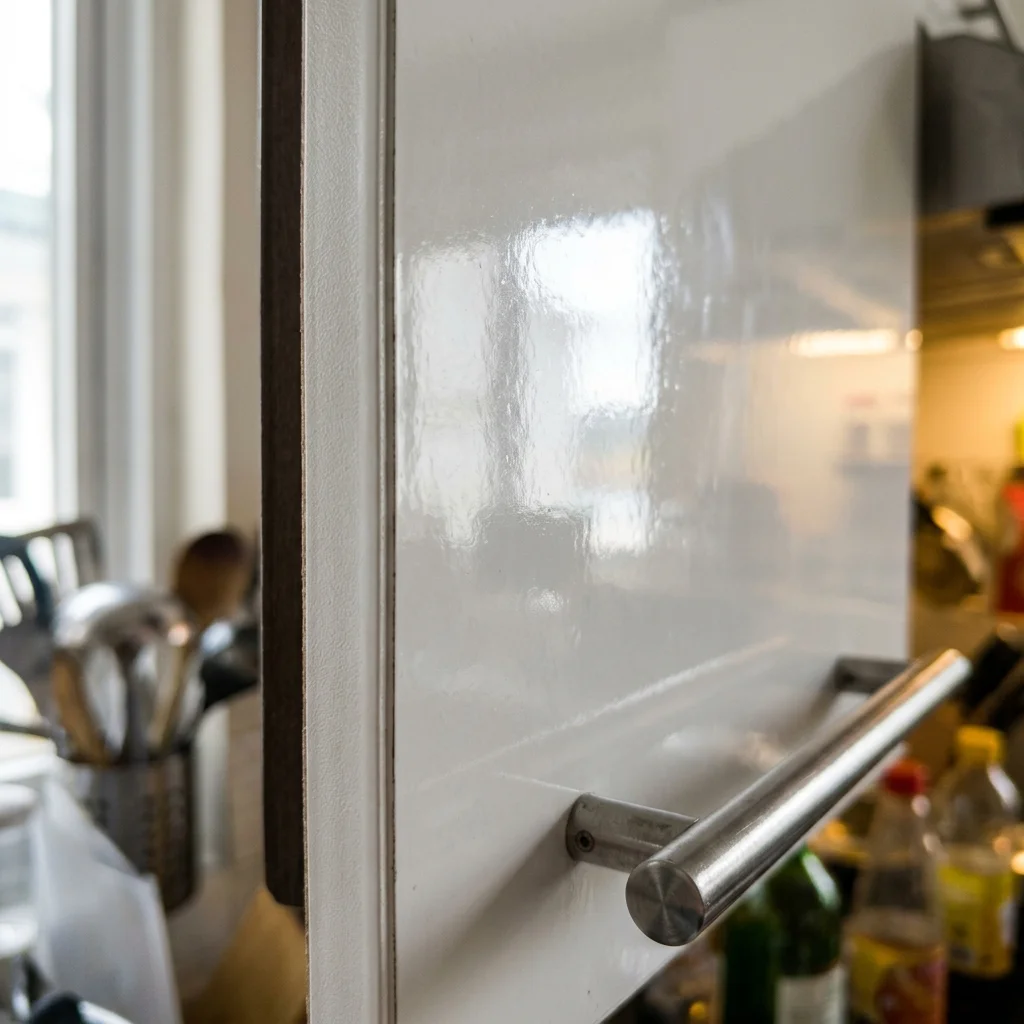 Close-up detail of high-gloss white laminate kitchen cabinet door surface and PVC edge banding Philippines