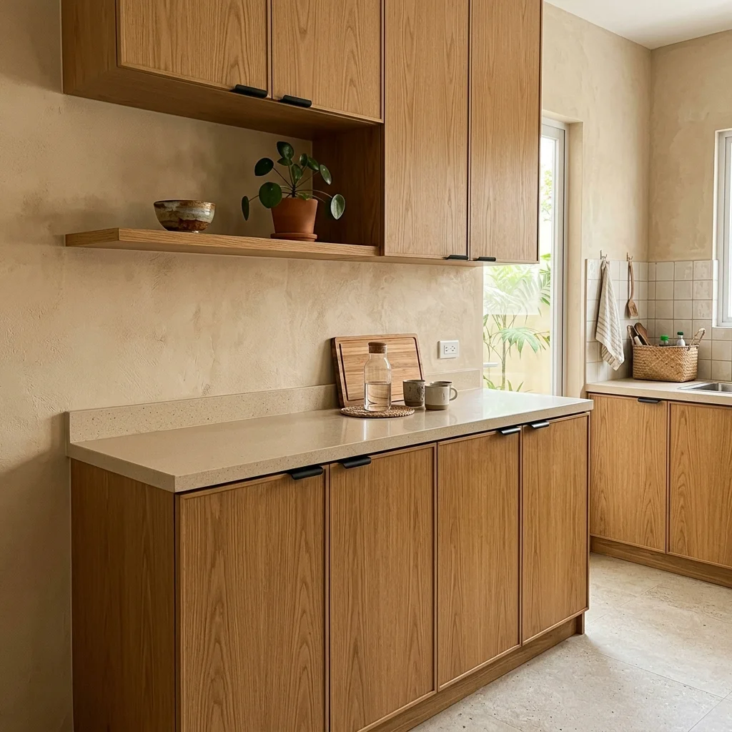 Japandi-style kitchen cabinets with warm oak wood grain flat-panel doors and minimal black J-pull handles Philippines