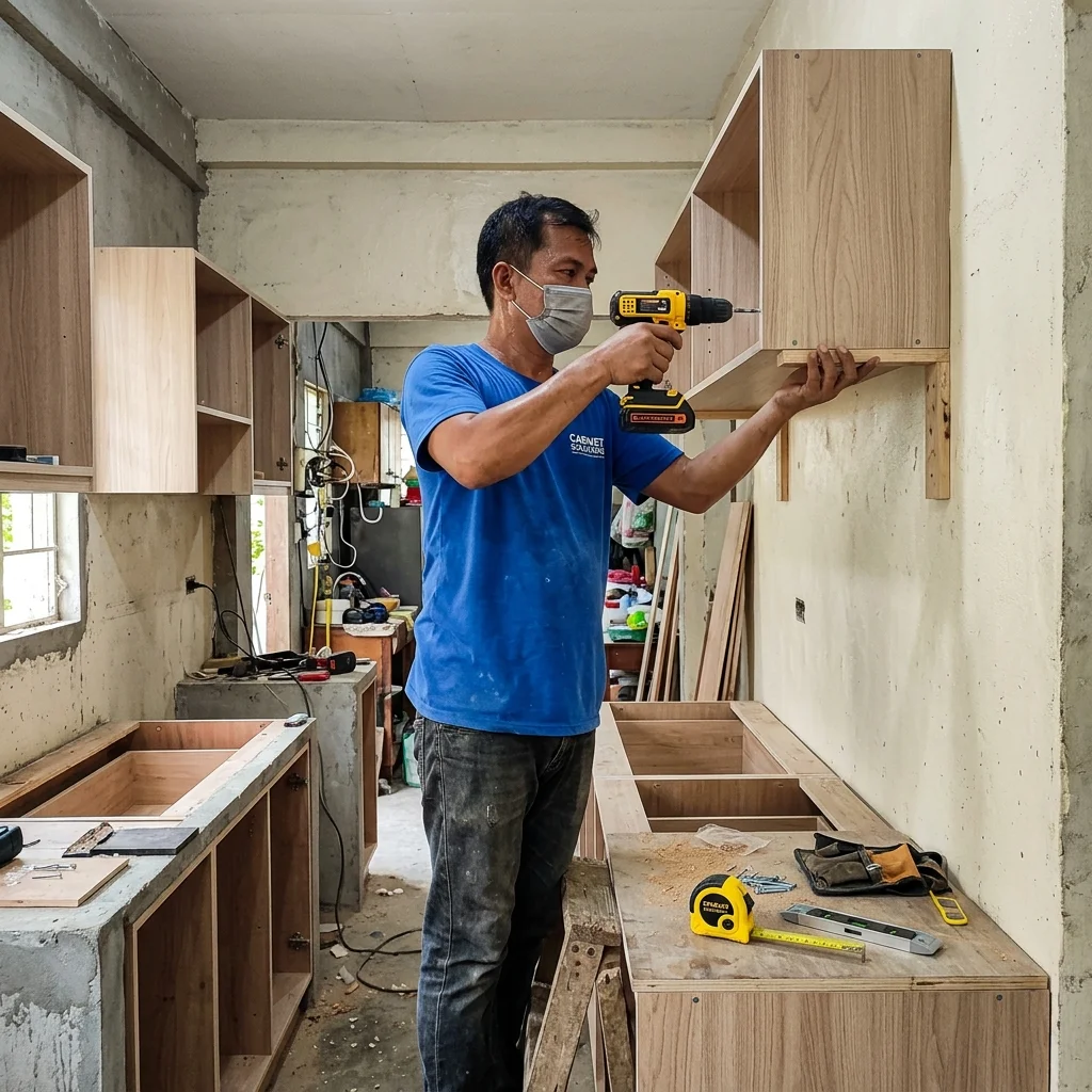Kitchen cabinet installer mounting upper cabinet carcass to wall with drill in a Philippine home renovation