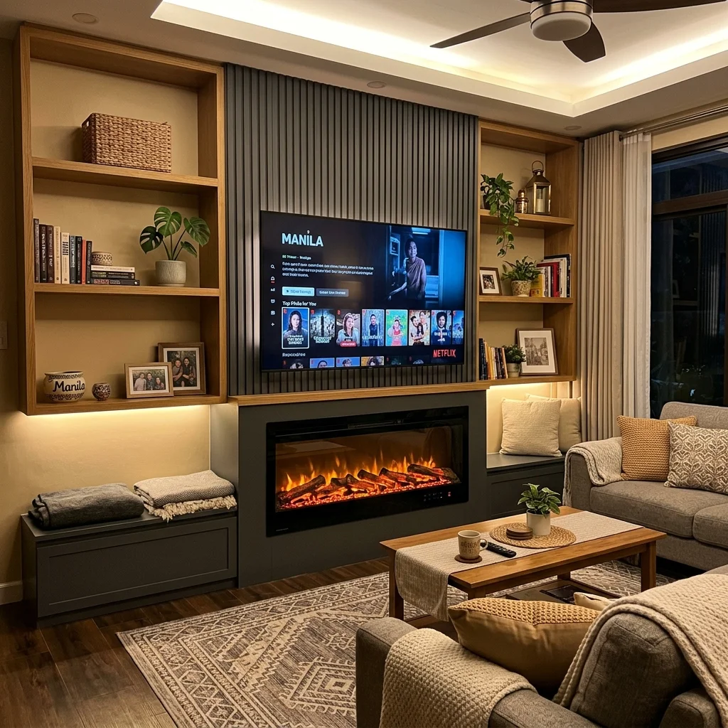 Built-in TV cabinet wall with electric fireplace insert and oak wood shelving units in a Philippine living room