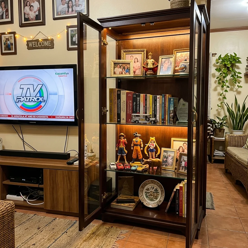 Traditional dark mahogany display cabinet with glass doors and interior lighting in a Filipino family home living room
