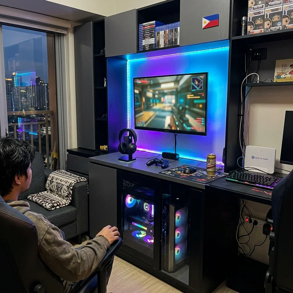 Custom built-in gaming setup with desk and TV unit combo and RGB lighting in a Philippine condominium room