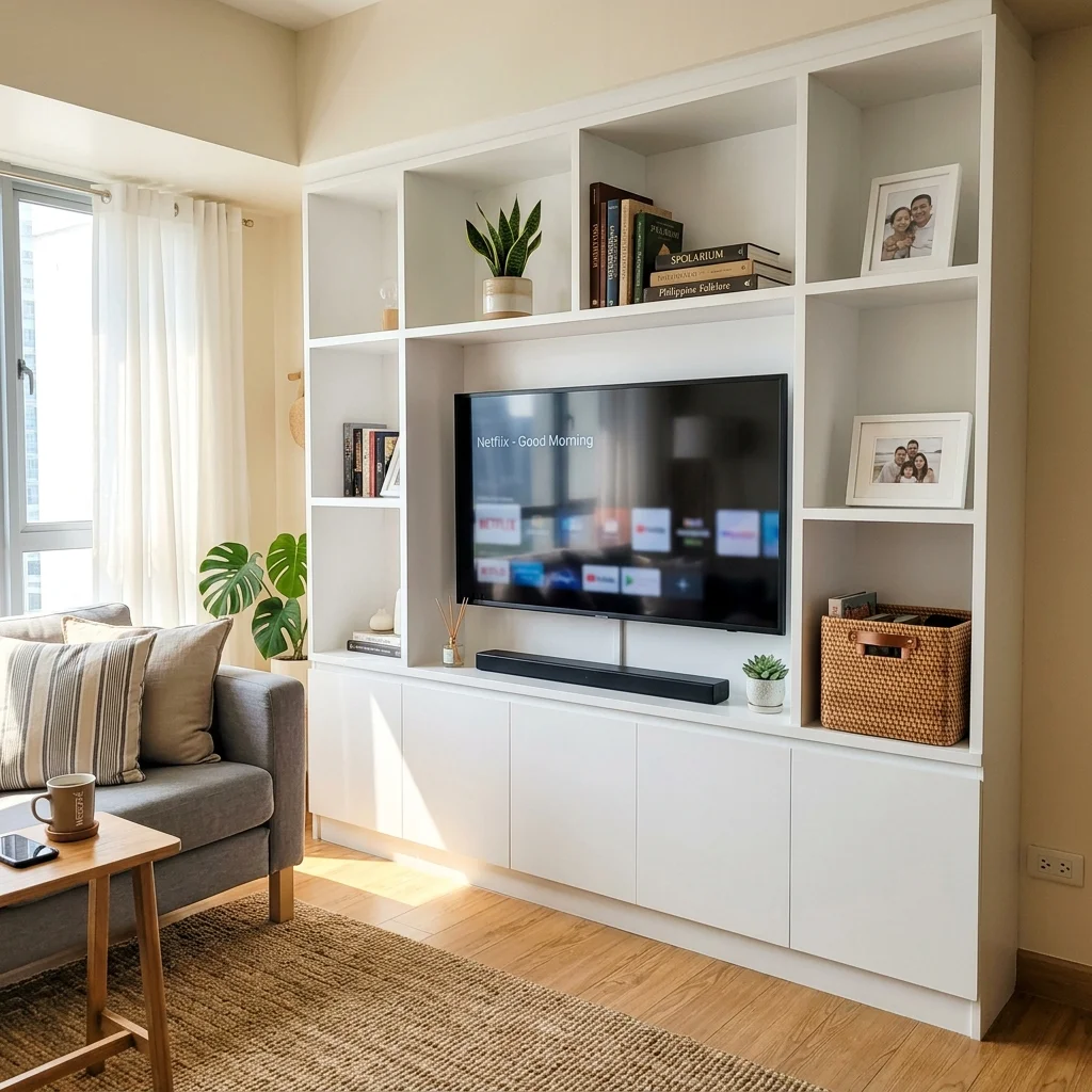 Clean all-white Scandinavian built-in shelving unit with TV niche and rattan accents in a Philippine condo living room