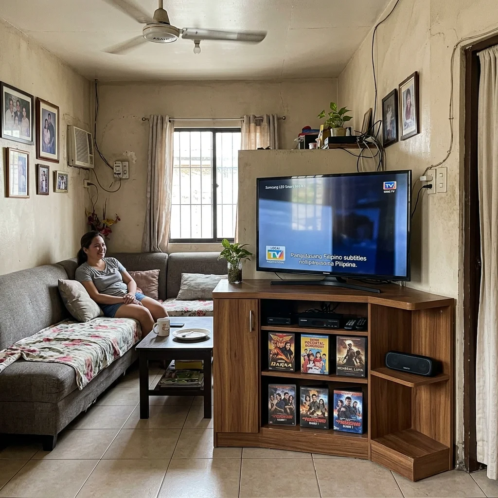 Space-saving corner TV unit in walnut laminate in a compact Philippine living room