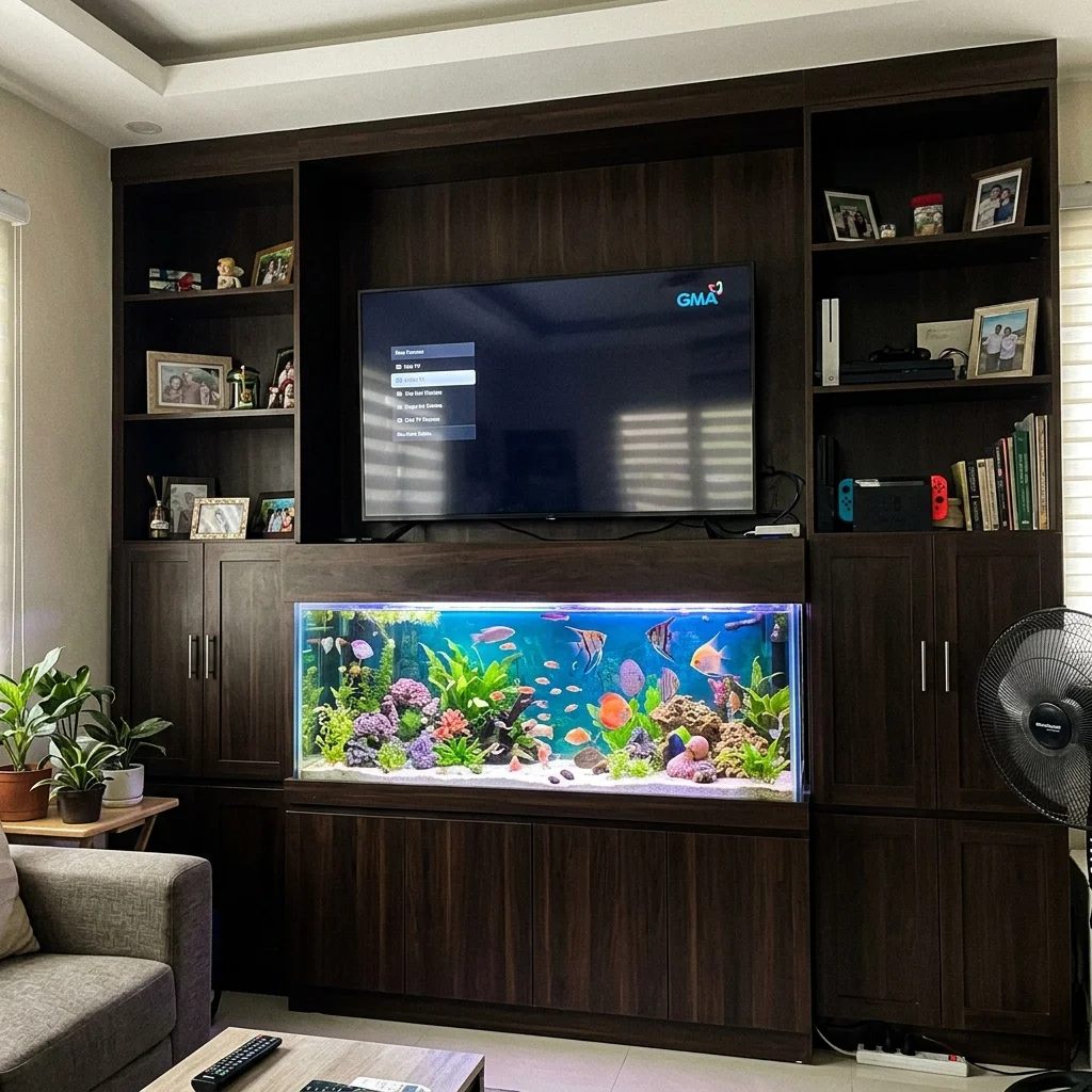 Dramatic entertainment wall with built-in aquarium fish tank below TV and dark wood cabinet storage Philippines