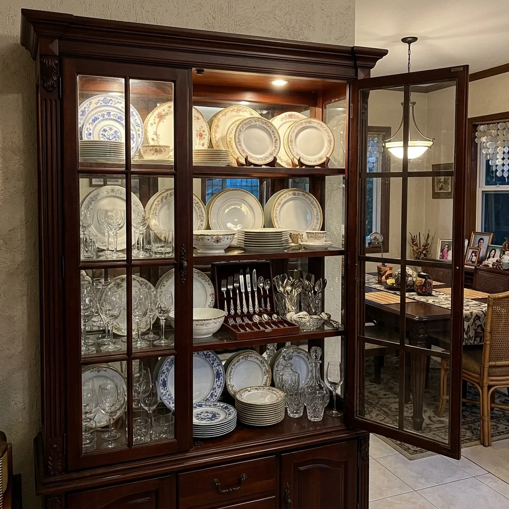Traditional display cabinet with glass doors showing china plates and crystal glassware in a Philippine dining room