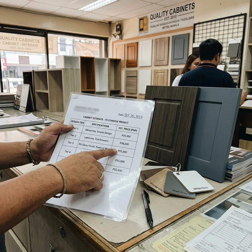 TV cabinet pricing consultation with quotation sheet and sample door panels in a Philippine cabinet shop