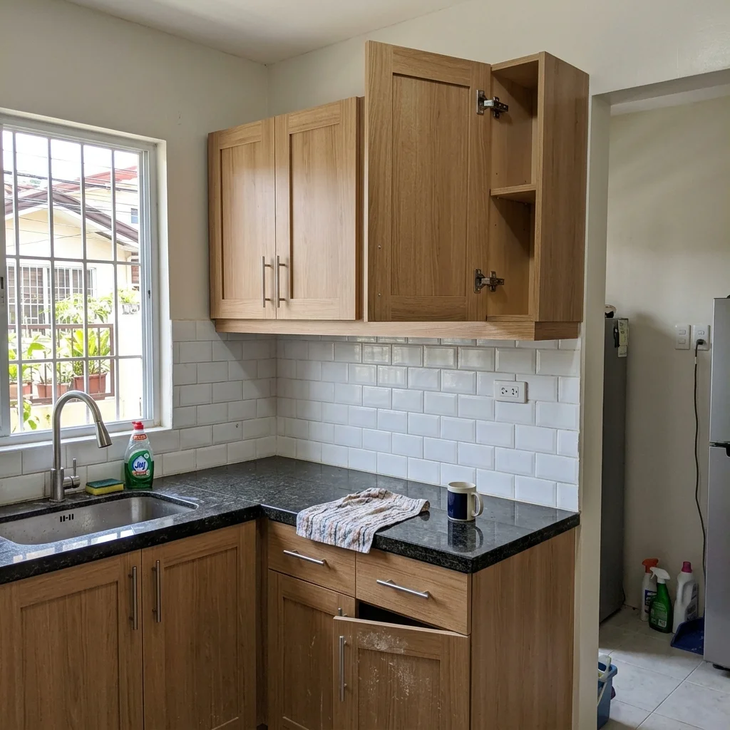 Custom oak laminate shaker kitchen cabinets with marine plywood carcass and Blum soft-close hinges installed in a Philippine home