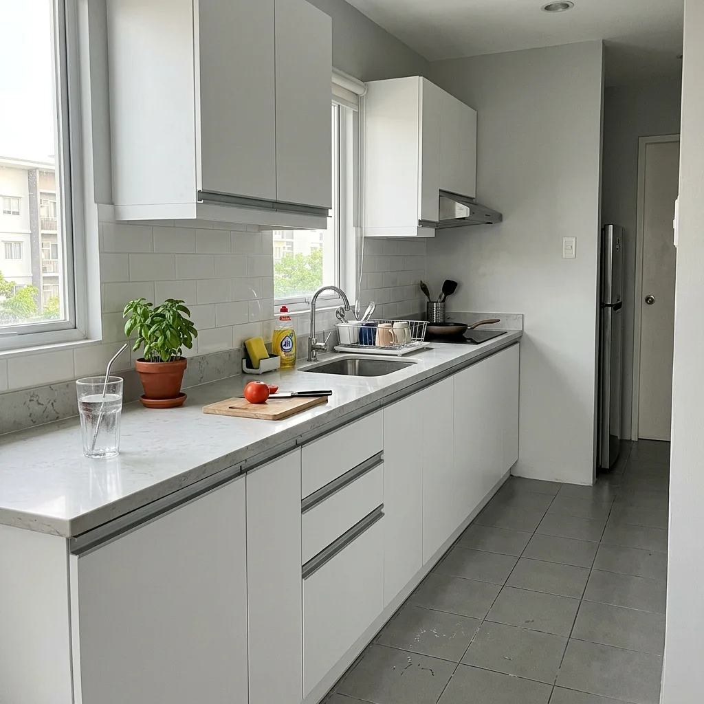 Modern white matte handleless kitchen cabinets in a Philippine condominium with light gray quartz countertop