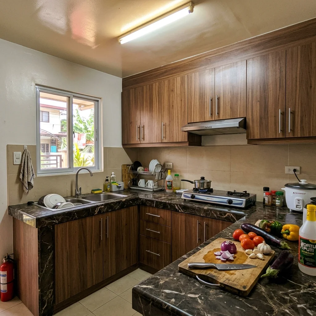 L-shaped modular kitchen cabinets with walnut laminate finish and dark marble countertop in a Philippine home