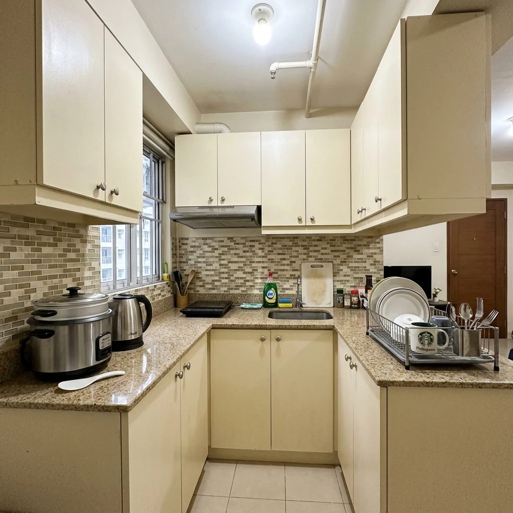 Compact cream PVC laminate kitchen cabinets maximizing space in a small Philippine condominium kitchen