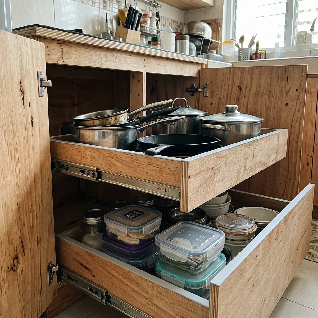 Interior view of custom kitchen cabinet showing marine plywood carcass and Blum TANDEM soft-close drawer slides Philippines