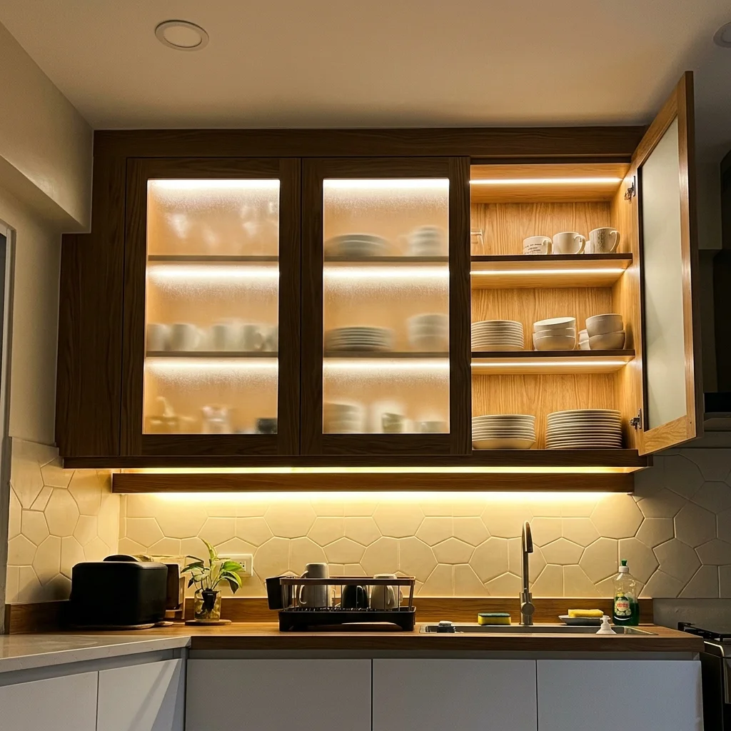 Kitchen upper cabinets with frosted glass door panels and integrated LED strip under-cabinet lighting Philippines
