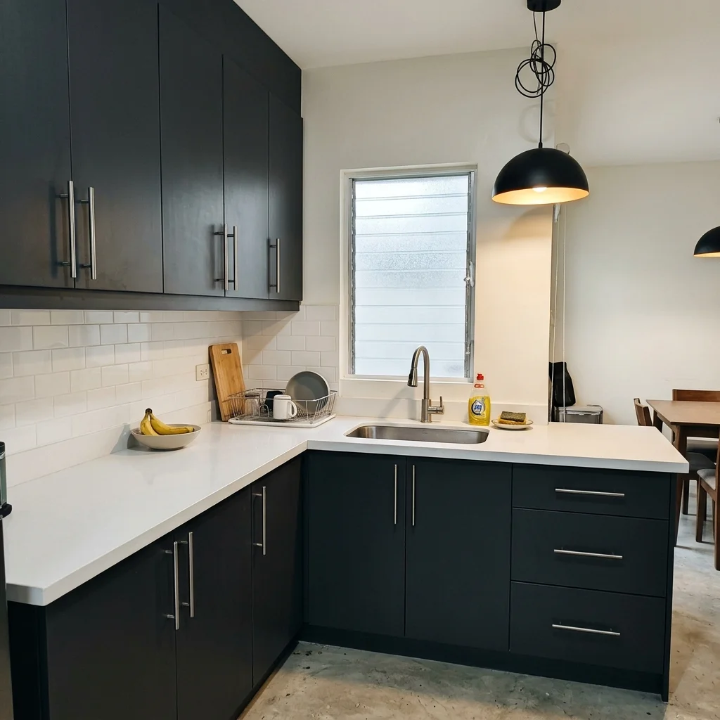 Dark charcoal matte slab-door kitchen cabinets with white quartz countertop installed in a modern Philippine home