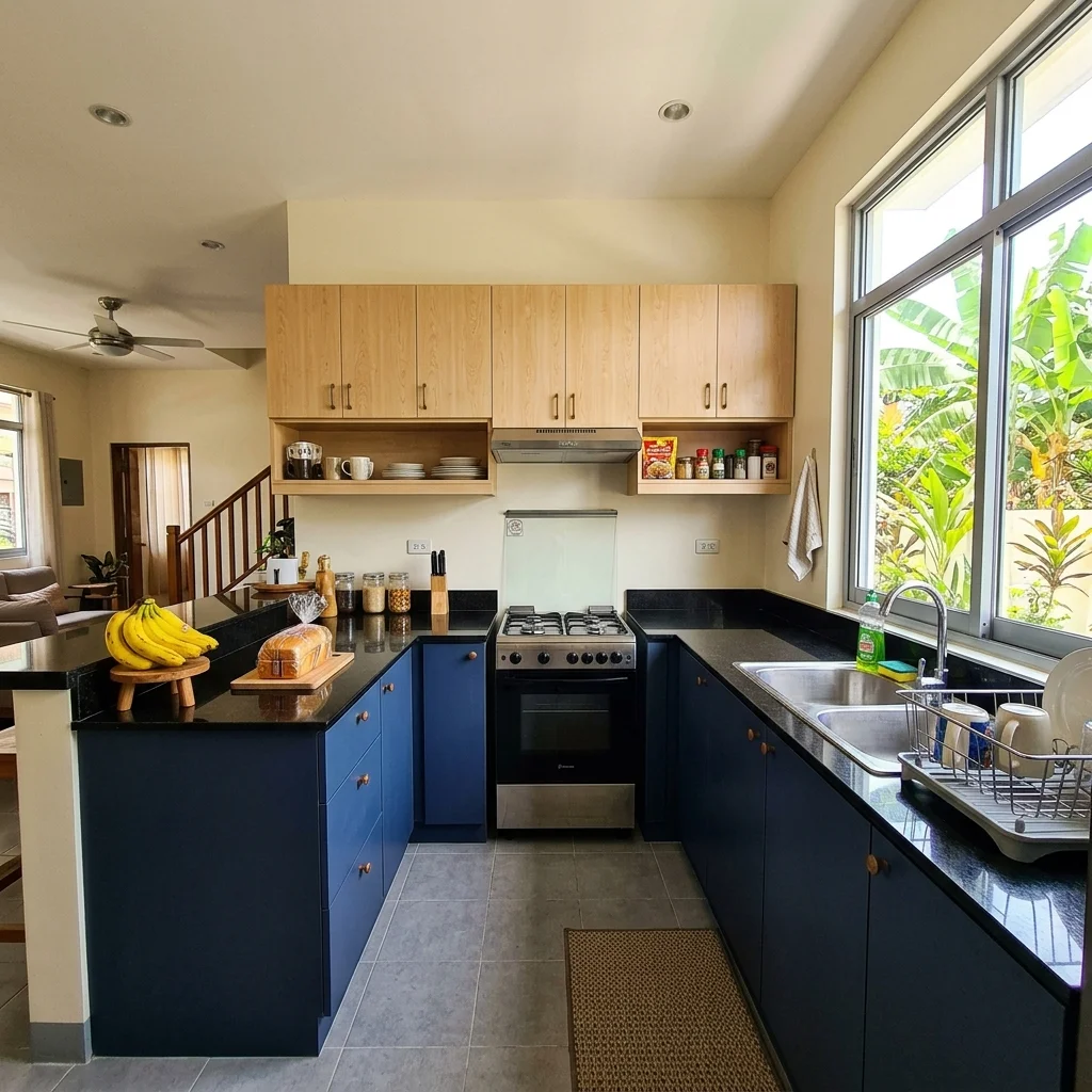 Two-tone kitchen cabinets with light maple upper and navy blue lower cabinets in a Philippine townhouse